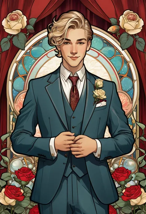 art nouveau style. Pictured on the card is a young man from the waist up, with a sly smile and medium blonde hair tied back in a small manbun. He is wearing a 3 piece suit, is flanked by red curtains, and surrounded by random items, like roses, marbles, an...