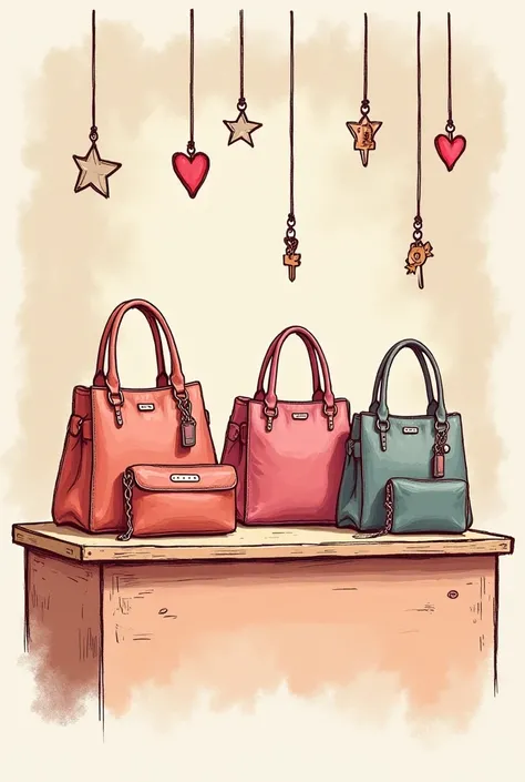  Create a vintage-style image drawing ,  where you can see a counter with branded bags ,  wallets and the environment must be nice and clean with decorative elements such as stars and hearts, the bags must have keyrings , It must have a neutral logo that s...