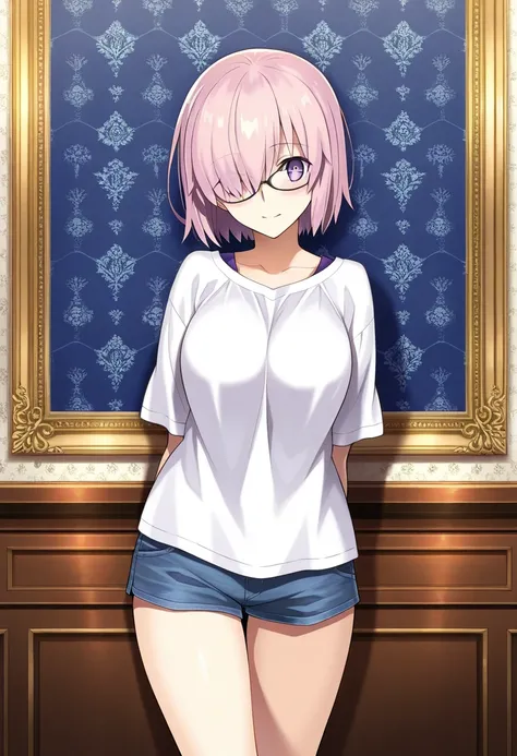 masterpiece,best quality,official art,wallpaper,absurdres, beautiful detailed face,detailed texture,detailed skin,detailed BREAK 1girl,mash Kyrielight, fate grand order,source_fate grand order,glasses,shirt,shorts,room