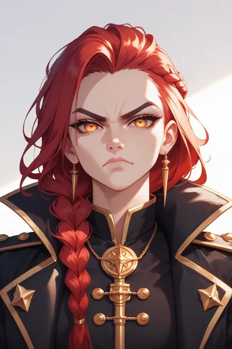 One Girl, (Fierce Warrior), Looking Over Shoulder, Long Red Hair in One Braid, Yellow-Orange Eyes, Highest Quality, Intense Gaze, Subtle Smirk, Sharp Eyebrows, Black Fitted Jacket, (Loose Strands:1.3), (Defiant Expression), (Show Your Forehead), (Scowl At)...