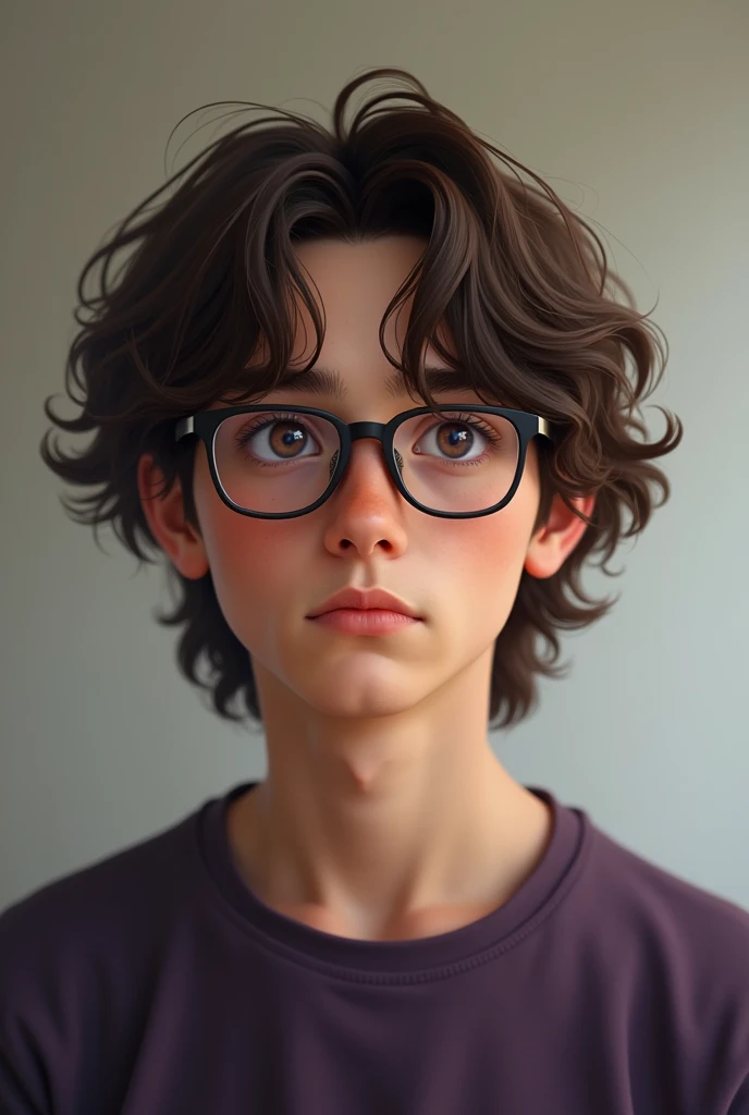 Creating a 16-year-old white boy, with medium long and semi-wavy brown hair,  with honey-colored eyes, with square lenses and dark purple t-shirt