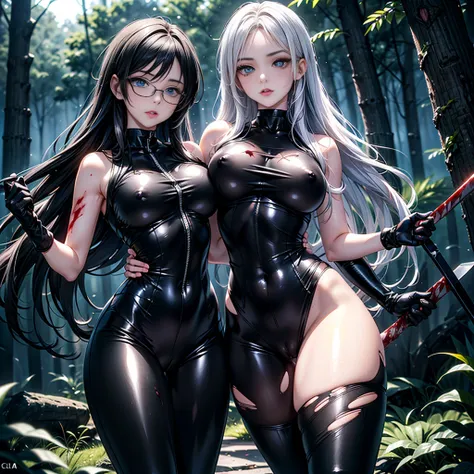 (((blood))), (((blood en el cuerpo))), ((( wounds on the body))), ((( torn clothes))),  better quality,  detailed), (( perfect hands)), 1 girl, Alone ,  Fight Pose, holds an axe in his hand, (((tight shiny black bodysuit))), ((( shiny black leggings))), ((...