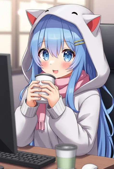 1girl, solo, blue eyes, hood, cup, hair ornament, blue hair, hairclip, scarf, cat hood, animal hood, hoodie, monitor, computer, steam, holding cup, blush, open mouth, sitting, animal ears, coffee, sweater, mug, indoors, looking at viewer, long hair, mouse ...