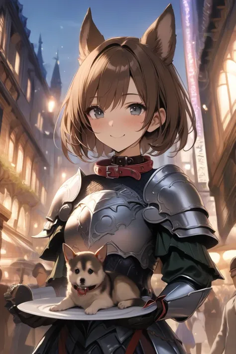 top quality, masterpiece,  high resolution, 8k, (1 girl ), Alone, (((face shot))),  brown short hair, Beautiful Girl with Dog Ears, In the city of fantasy ,  droopy eyes , smile,  plate mail armor with dog collar in hand, Holding a slave's collar in his ha...