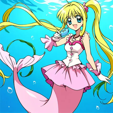 score_9,score_8_up, score_7_up, source_anime, 1girl, lucia,yellow hair,twin tail,long hair,mini dress,gloves,boots,off shoulder,bare shoulder,necklace,wrist jewlry, shiny skin, smile, looking at viewers, underwater background, water bubbles at background, ...