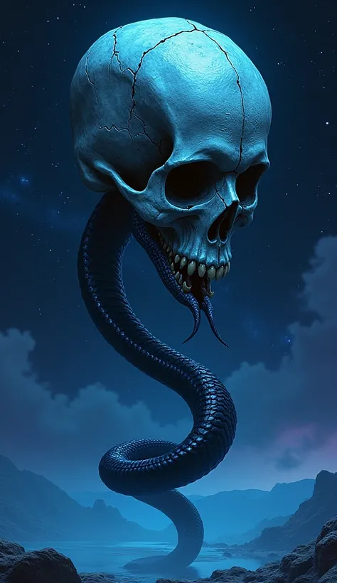 The image presents a dark and surreal scene featuring a floating blue-toned skull in a starry space. The skull is cracked and broken at the top, and from within it emerges a black snake with shiny scales. Its sinuous body extends both upward and downward, ...