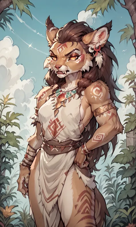 [Single], (beautiful anthropomorphic lioness, female, attractive, monochromatic tribal clothing, shapely body, fur, large and attentive eyes, (serious expression), is standing), ((large fangs)), outside the lips, pechos medianos