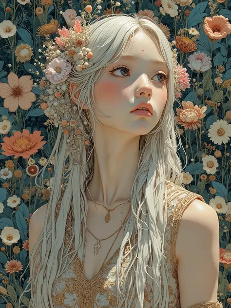 Super detailed, UHD, digital art, girl with long silver hair, silk sleeveless dress, upper body, background by android Jones, James Jean, various types of flowers by Ernst Haeckel, winners of the Behance contest, generative art, intricate patterns, fractal...