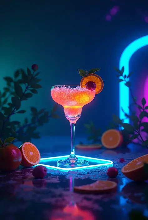 A black background with surroundings with blue neon lights,green and pink and with an exotic drink 