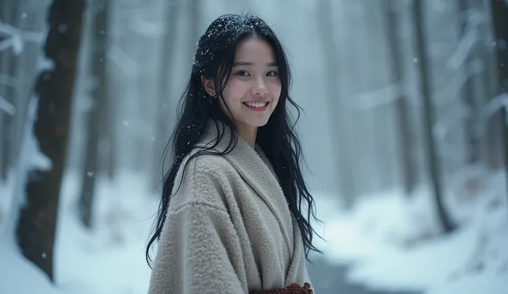  High quality. A real Western girl with 18 years old with beyond floor length black hair and see her "whole" body wearing thick lambswool wafuku standing nearby hot springs inside the forest, must see her whole body. The scenario of forest shows winter vie...