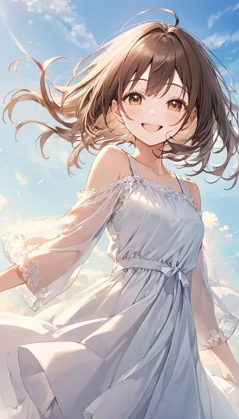 20-year-old woman、  kind smile、Sky background 、White simple dress、 Brown Bob、Swaying hair