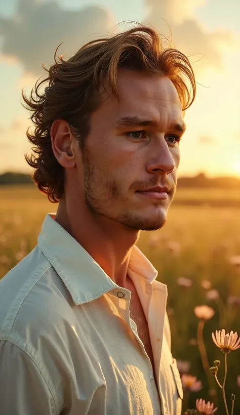 A highly detailed portrait of Heath Ledger, with a serene and peaceful expression. His face reflects tranquility, with a subtle, melancholic smile, radiating calmness and contentment. The lighting is warm and soft, like a golden sunset, projecting a sense ...