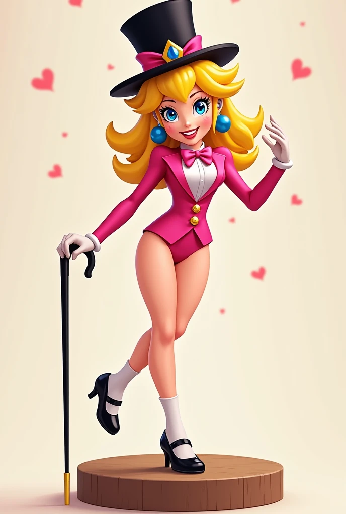 Beautiful cute Princess Peach wearing a pink tuxedo leotard, pink bow with a white collar around her neck, black top hat, shiny black Mary Jane sharp black tap shoes with cute white socks, black cane, while tap dancing sexy, on a small wood board, carton s...