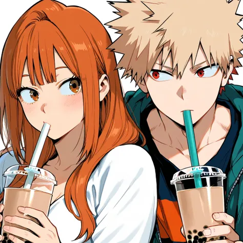 bakugo katsuki, girl with long auburn hair, couple, drinking bubble tea, cute