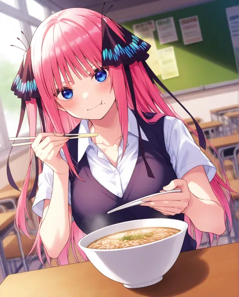  highest quality、 Masterpiece、 1 girl、 The Quintessential Quintuplets、 Nino Nakano、 long hair、 pink hair、School cafeteria、Eating udon