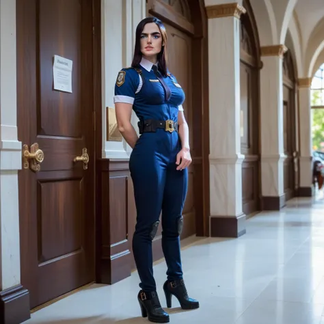 a police officer, Caitlyn, standing strong in her police uniform, full body display, beautiful detailed eyes, beautiful detailed lips, extremely detailed eyes and face, long eyelashes, realistic, photorealistic, photo-realistic, 8k, best quality, masterpie...