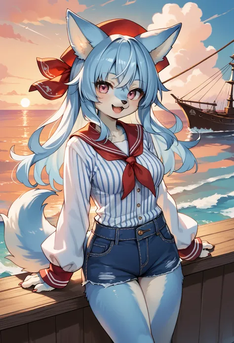 score_9, score_8_up, score_7_up, source_anime, kemono, 1girl, solo, furry dog girl BREAK 

Dog ears and tail, (furry, kemono), light blue hair BREAK bangs, pink eyes BREAK long hair, (light blue fur skin), medium breasts BREAK 

(Pirate girl), red bandana,...