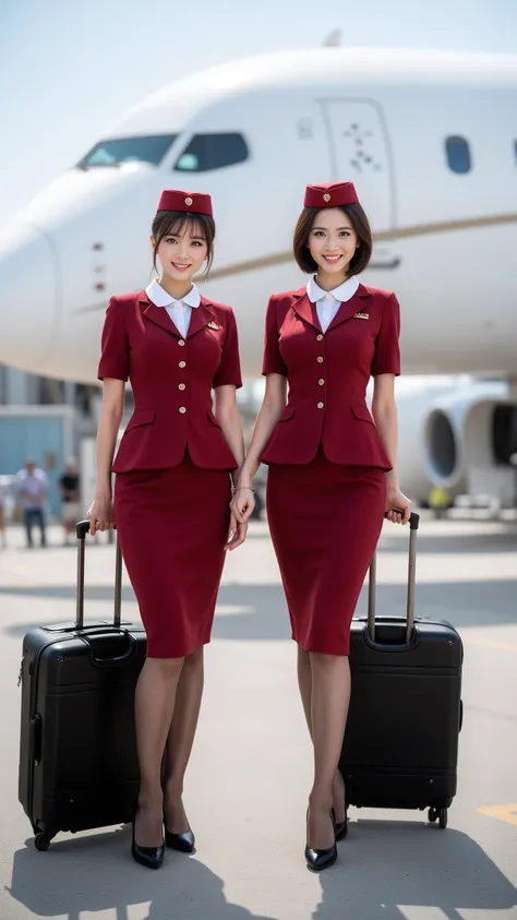 　8K,  RAW photos ,  super A high resolution,  top quality , masterpiece:1.2), (realistic illustration ), (highly detailed CG Unity 8K wallpaper), ((full body image :1.5)), ((full body:1.5)), ((2 women:1.5)), ((The two women are flight attendants)), ((The t...