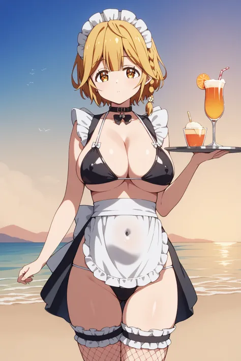 masterpiece,best quality,{{detailed beautiful face and eyes}}, very detailed background,
Yoshino Koiwai,{{{megami magazine}}},short hair,blonde hair,single braid,hair ornament,tareme,brown eyes,large breasts,
(black maid bikini:1.4),(white long apron:1.4),...