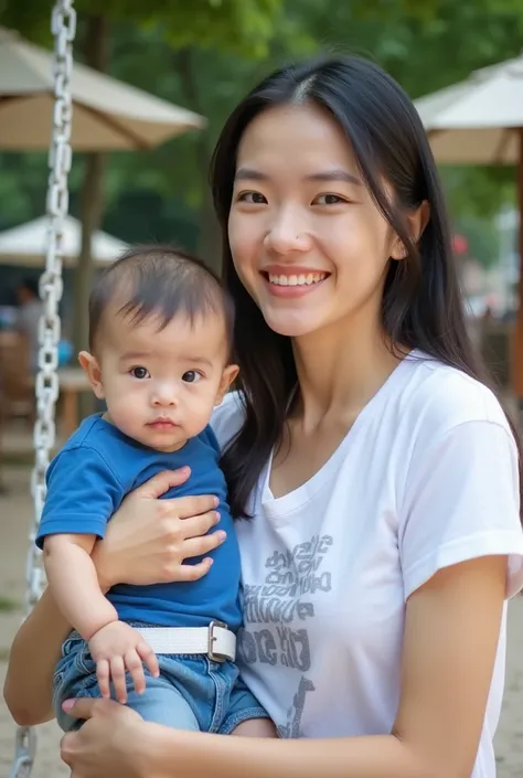  A young woman with tight dark hair and fair skin holds a baby in her lap.  She wears a white t-shirt with partially visible text and has a soft smile. The baby has light eyes ,  little amount of hair and a curious expression . He wears a blue t-shirt and ...