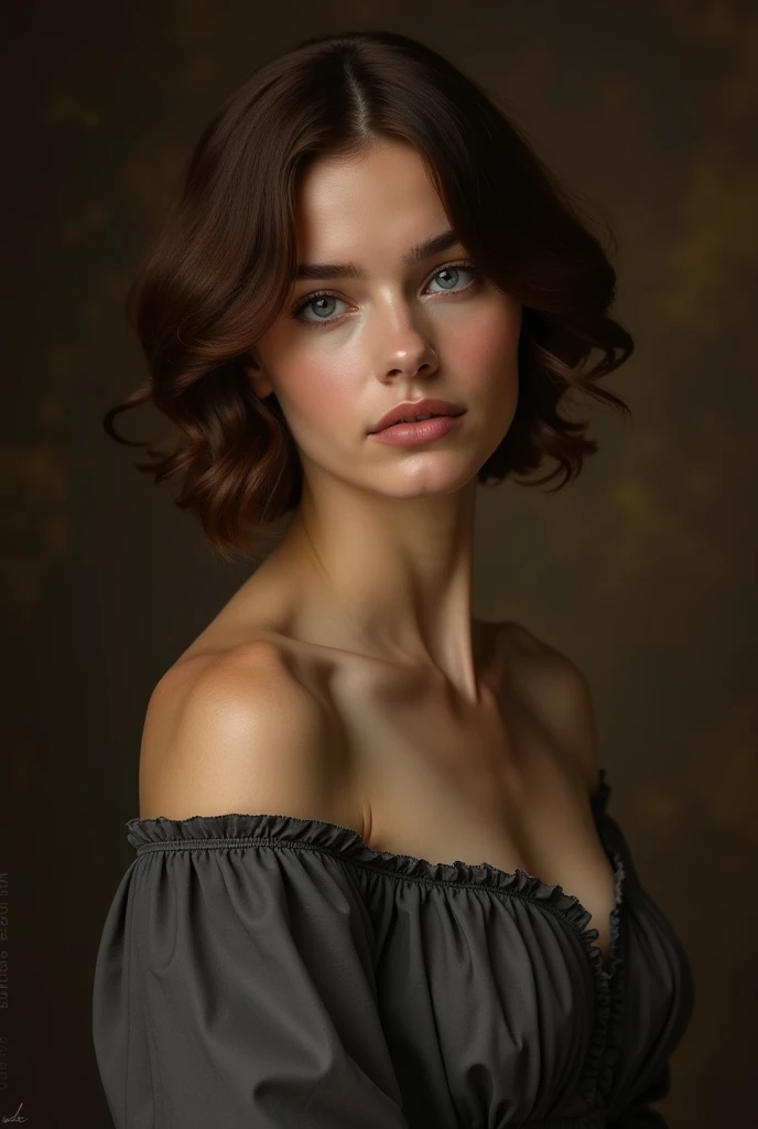 Caucasian woman. She has short brown hair. Her expression is serene and composed, with direct eye contact. She is wearing dark gray loose nightgown revealing her bare shoulders. A dark brown, textured background fills the rest of the image. The lighting is...