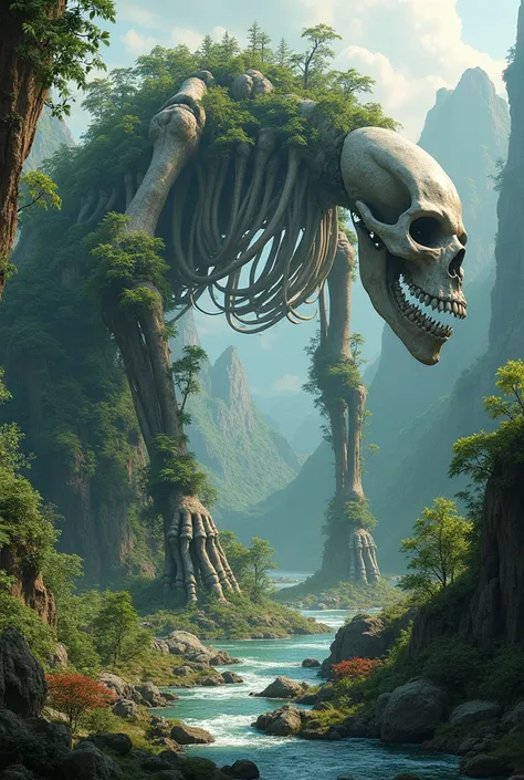 There is a big skeleton speaker, and inside it there are animals, humans, grass, trees, water, and rivers. They all live together in harmony.