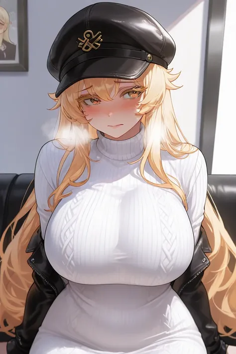 A girl,   hat ,  masterpiece,   sweater,   Ultra high definition ,  soft leather ,   very detailed ,  long, bright blond hair,  big boobs.,  Heavy breathing , shy, restless, sexy white dress, maduro,  slanted golden eyes ,  blond lashes.  front view .