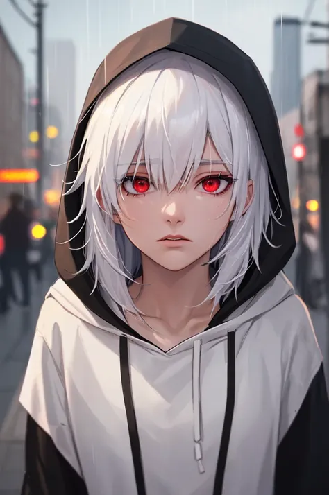 ,  the best quality, More details,  masterpiece, 1 , Kaneki Laboratory , retrato,  male focus ,  red eyes, Alone, blows,  Looking at the audience, hood, cabello corto, rain, So So So \(city\),  hood up,  nail polish ,   white hair, luxury, 8K,  detailed,  ...