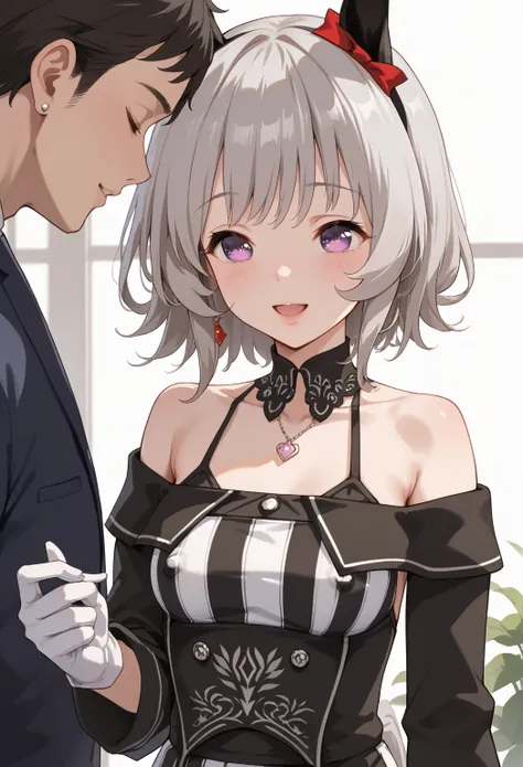   slightly petite  (155cm)、 Karen Chan、 、Wow ,  horse ears、  Katyusha  , earrings,  Grey Hair  ,    medium hair  ,    purple eyes,  Horsetail,r4ce,  off shoulder,  black dress,  striped dress,  Long Sleeve,  white gloves,  Karen Chan、2person , 1girl , nipp...