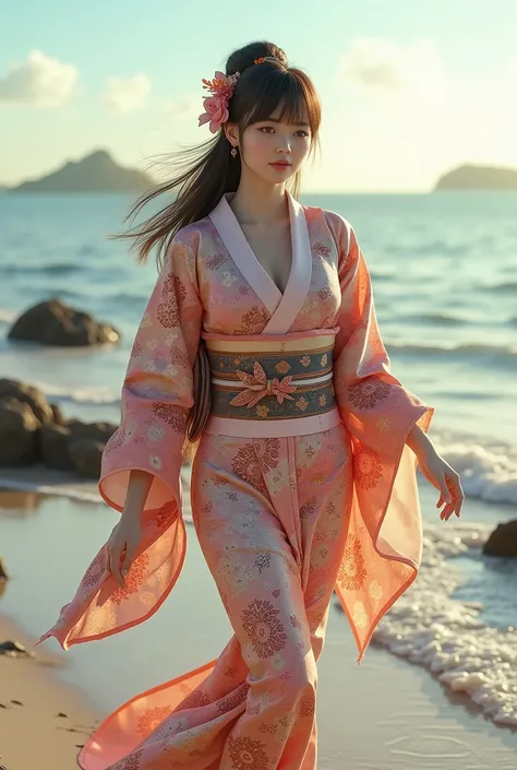 ( Masterpiece,  highest quality,  highest quality, 超 high resolution,  high resolution,  ray tracing, 8k,  1 girl, Alone:1.4)
break ( full body:1.4)  Picture of a woman wearing a kimono walking along the seashore, The sound of waves,  Beach Rocks and Stone...