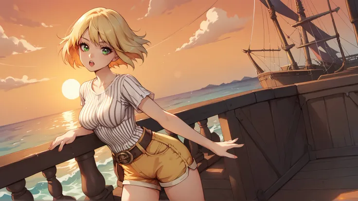 score_9_up, score_8_up, score_7_up, 1girl, solo, source_anime, Beautiful eyes BREAK 

Bob cut, blonde hair, short hair, Green eyes, medium breasts BREAK 

(Pirate girl), white shirt, striped shirt, horizontal stripes, short sleeves, yellow shorts, denim sh...