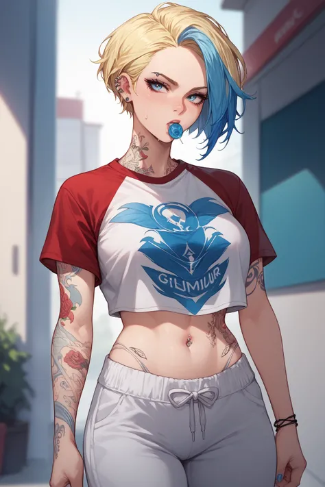 Woman, short hair, blonde hair, blue highlights, blue eyes, red t-shirt, white sweatpants, piercing in the mouth, tattoos all over the body 