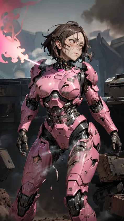 ,       very detailed ,   More Information  ,      high resolution   , 最     high resolution   ,       high resolution    , desert area in 1080P、    smoke coming out of wounds all over pink body 　  woman wearing pink armor full of scars  　 Zoom on the crot...