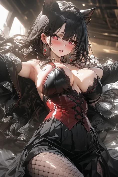 Taiho Azur Lane、 red eyes、 dark hair、 Red Corset 、 red bra、 black skirt、purple fishnet tights 、 black high heels、Large breasts ,  cat ears , Long hair, black hair, Blush,   Symbol-shaped pupils, throw, Anatomically correct ,  high resolution ,  crystal ear...