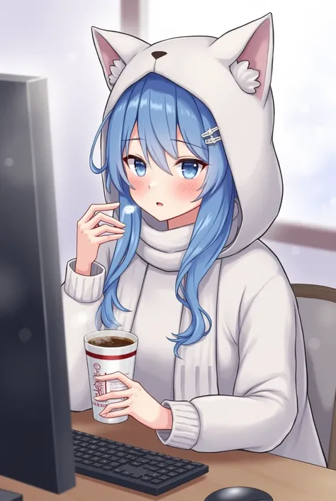 1girl, solo, blue eyes, hood, cup, hair ornament, blue hair, hairclip, scarf, cat hood, animal hood, hoodie, monitor, computer, steam, holding cup, blush, open mouth, sitting, animal ears, coffee, sweater, mug, indoors, looking at viewer, long hair, mouse ...