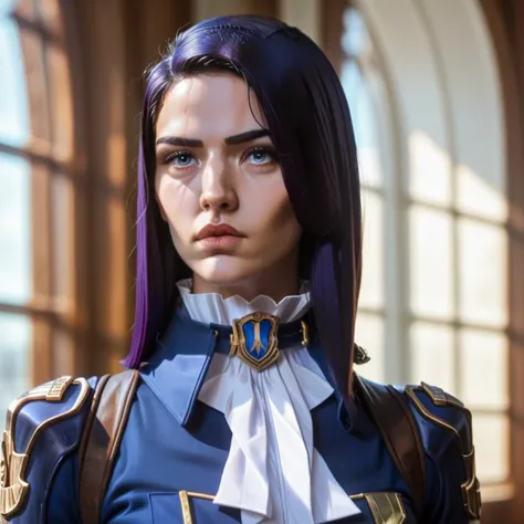 a police officer, Caitlyn, standing strong in her police uniform, full body display, purple hair, beautiful detailed eyes, beautiful detailed lips, extremely detailed eyes and face, long eyelashes, realistic, photorealistic, photo-realistic, 8k, best quali...