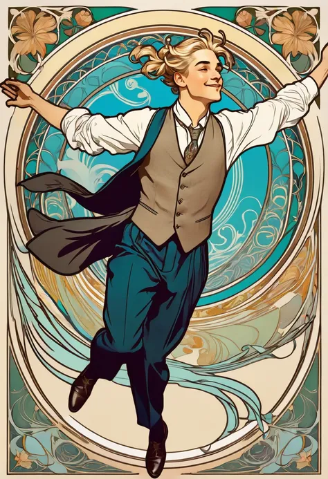 art nouveau style. Pictured on the card is a young man from the waist up, with a sly smile and long blonde hair tied back in a small manbun. He is wearing a 3 piece suit. He is falling through the air, with his arms spread wide. Mucha inspired art nouveau ...