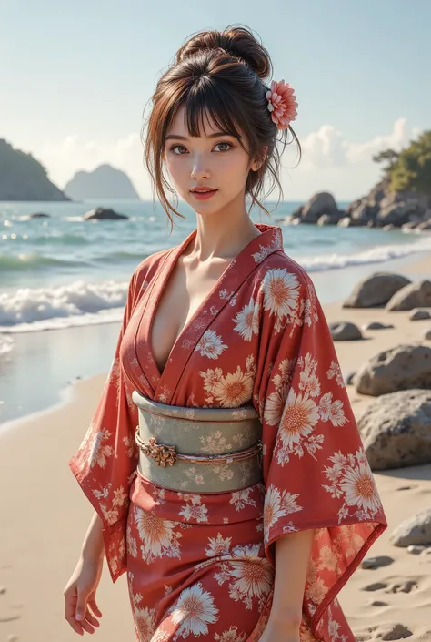 ( Masterpiece,  highest quality,  highest quality, 超 high resolution,  high resolution,  ray tracing, 8k,  1 girl, Alone:1.4)
break ( full body:1.4)  Picture of a woman wearing a kimono walking along the seashore, The sound of waves,  Beach Rocks and Stone...