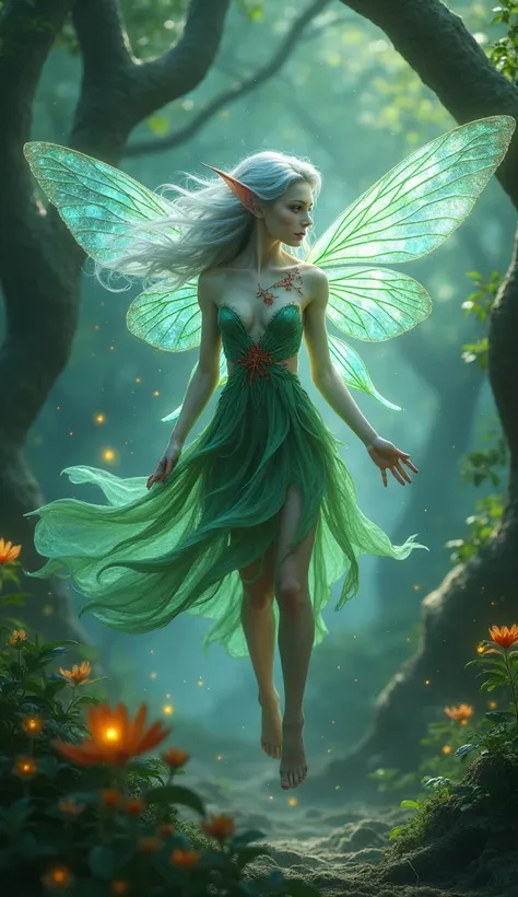 A mystical fairy with silver-blue flowing hair and glowing pale skin hovers gracefully in a magical forest. Her pointed ears and playful gaze give her an enchanting presence. She wears a dress made of fresh green leaves, and her body is adorned with delica...