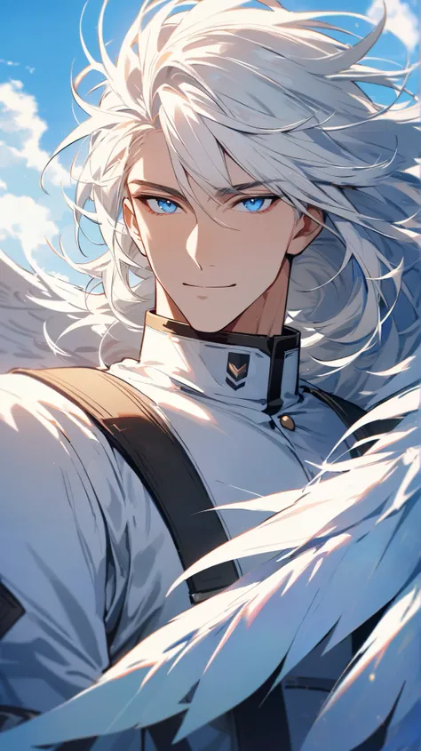 Best Quality, Bright Color, 1 Male character, half-body portrait,handsome,tall and muscular,male character, super Long straight white hair and blue eyes , giving a friendly look to viewer ,soft smile, wearing white soldier uniform, big feather wings, windy...