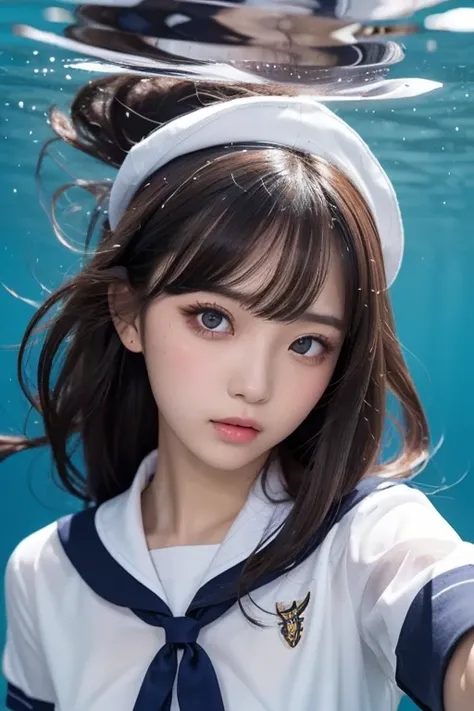 ( see-through:1.3),White sailor suit, sailor dress ,  White Theme , school uniform,  sailor suit ,  stare at viewers,  Madness,  long disheveled hair ,   beautiful eyes in every detail  ,Hair shines,Dramatic angle, blue sailor color ,  Plump Boobs , ogipot...