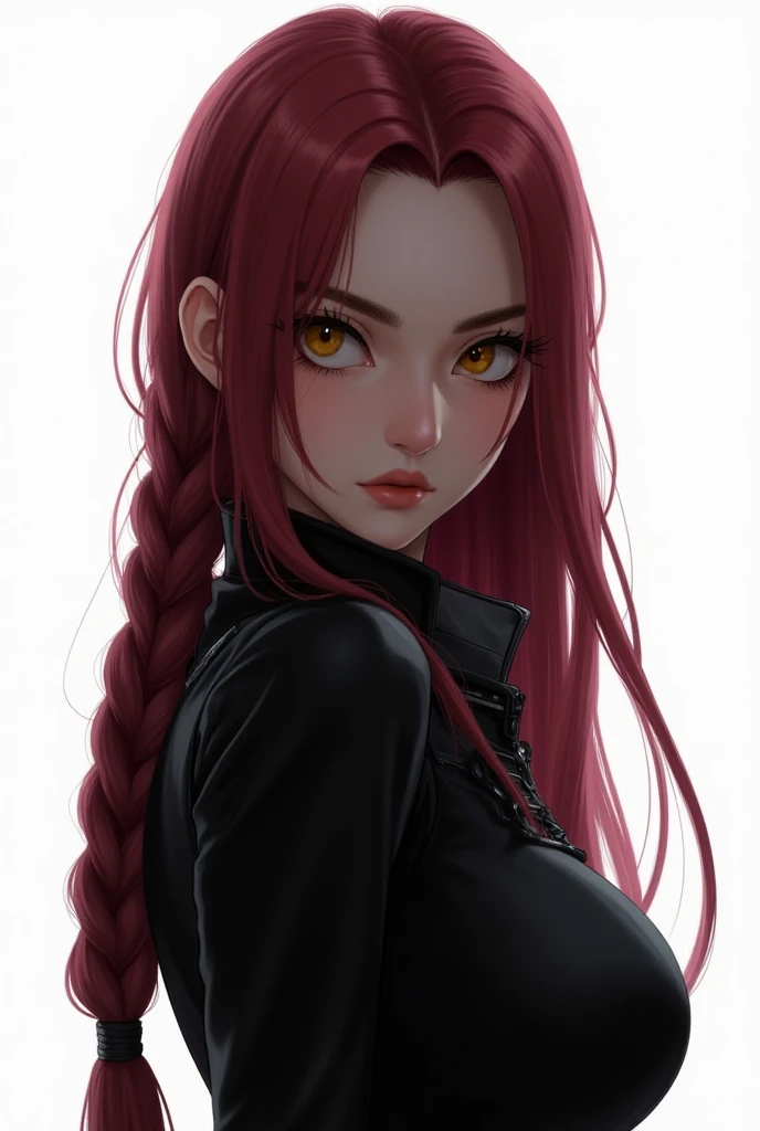 One Girl, (Fierce Assassin), Looking Over Shoulder, Long Hair in One Braid, Deep Raspberry Hair Color, Yellow-Orange Eyes, Highest Quality, Cold and Emotionless Expression, Sharp Eyebrows, Sleek Black Assassin Suit with Tactical Details, (Loose Strands:1.3...