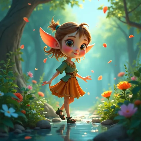 Cute animated delightful elf girl in a nature setting, colours are teal and orange with bright lights.