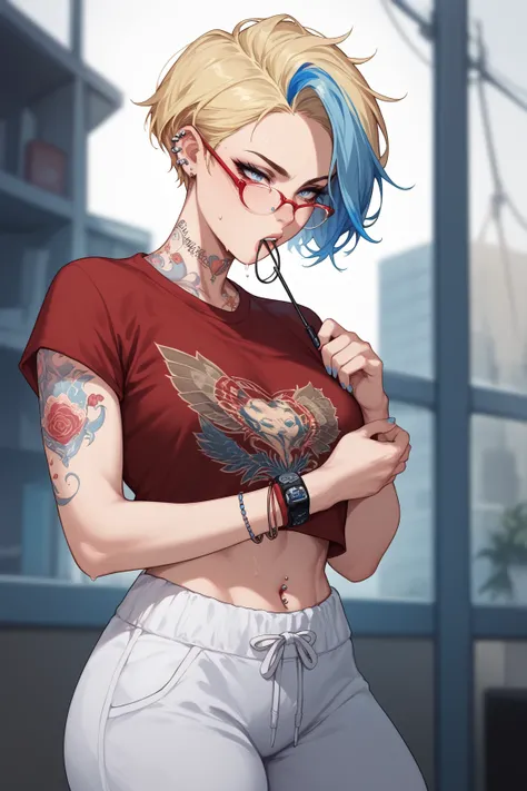 Woman, short hair, blonde hair, blue highlights, blue eyes, red t-shirt, white sweatpants, piercing in the mouth, tattoos all over the body, Glasses