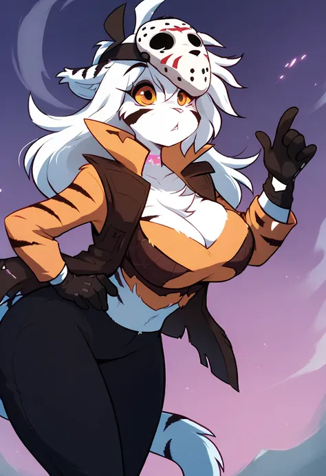 score_9, score_8_ upwards) score_7_ upwards, score_6_ upwards,   anthropomorphic fluffy white tiger,  big breasts,  big thighs, big ass, orange long hair , orange eyes  , red vest with ,   black pants ,  patterned vest tactical gloves, skull mask on the si...