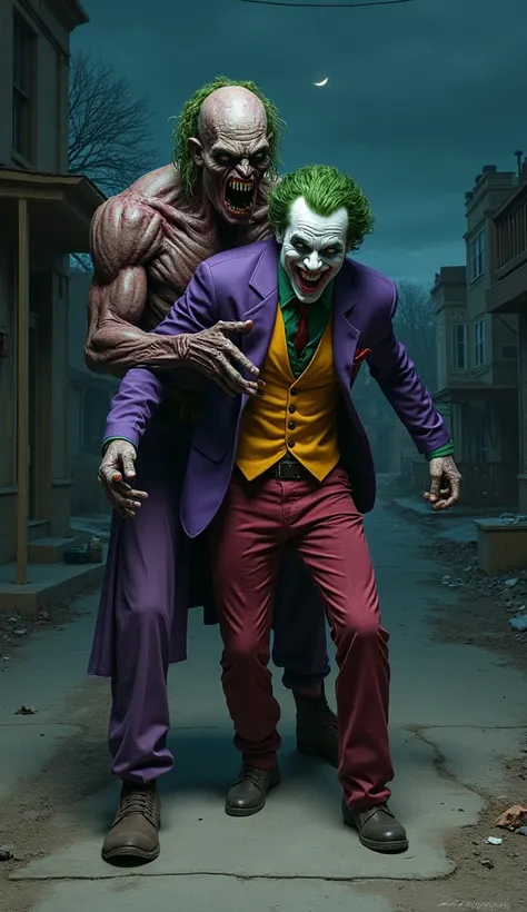 a realistic depiction of Joker with his iconic outfit and afraid expression, being captured by Zombie Deadpool with broken body at the roadside residence at night.