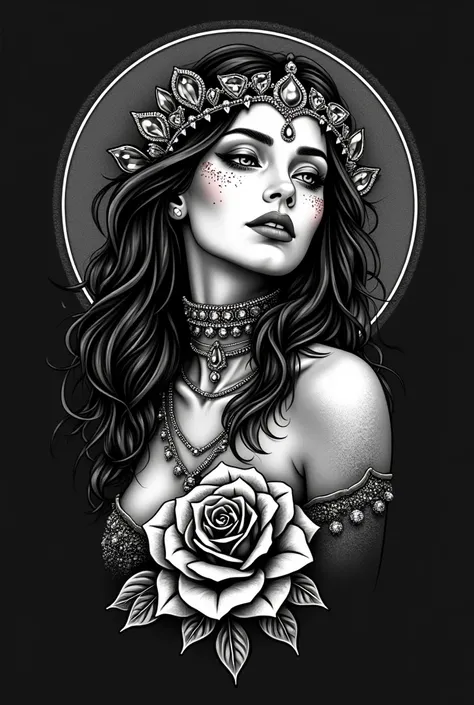  I would like to create a tattoo of a gypsy, with jewels,  showing from face to shoulders . With a rose at the bottom . Num estilo blackwork