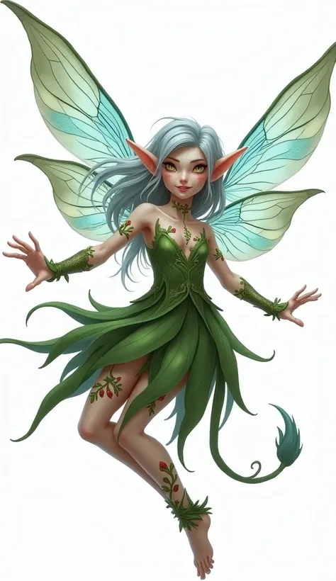 The image depicts a mystical and enchanting fairy, floating in the air with a dynamic and expressive pose. Her skin is pale with a subtle glow, and her hair is a silvery-blue color, flowing with her movement. Her pointed ears and playful gaze give her a mi...