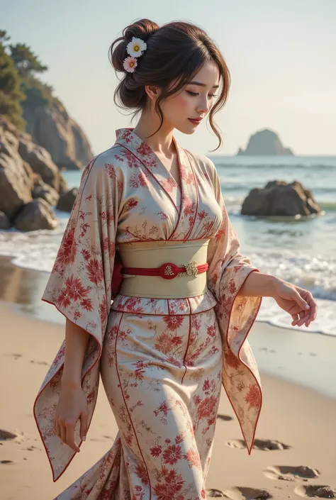 ( Masterpiece,  highest quality,  highest quality, 超 high resolution,  high resolution,  ray tracing, 8k,  1 girl, Alone:1.4)
break ( full body:1.4)  Picture of a woman wearing a kimono walking along the seashore, The sound of waves,  Beach Rocks and Stone...