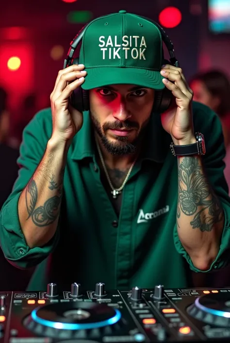            The camera from top to bottom captures a Latino man     ,       Handsome with light brown eyes      , beard,       Athletic physique      ,       tattooed arms. Posing as a DJ with his headphones and DJ mixer in a nightclub with a cap that cover...